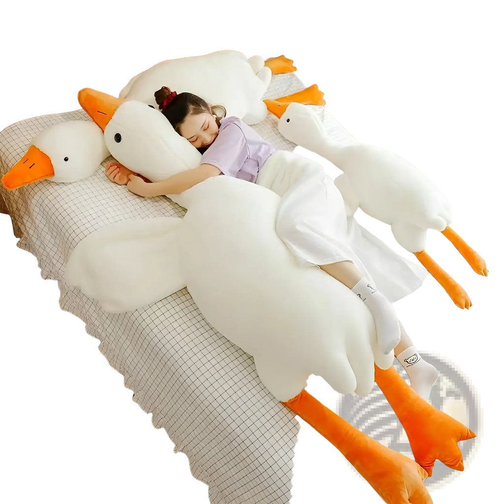 Plush white goose body pillow with soft fabric, orange beak and feet, giant size for comfort and decor