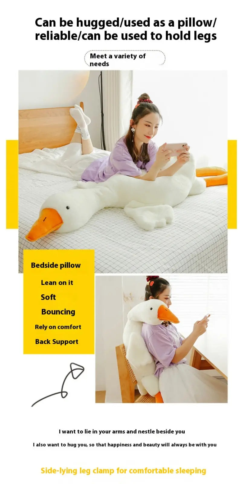 Giant white goose plush body pillow toy with orange beak and feet designed for bedside or leg support comfort