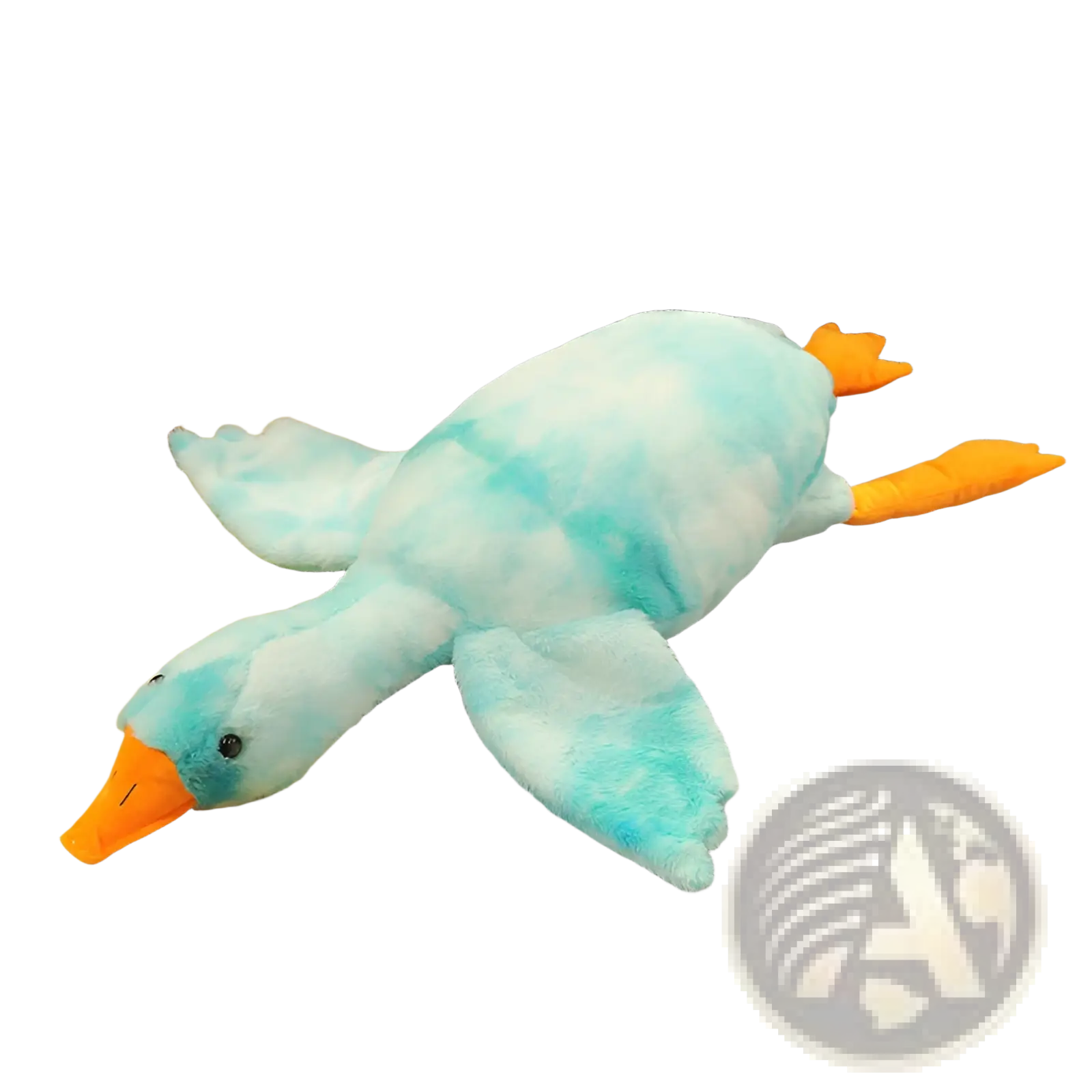 Giant white goose plush sleeping pillow toy with plush turquoise and white tie-dye pattern and orange beak feet and eyes