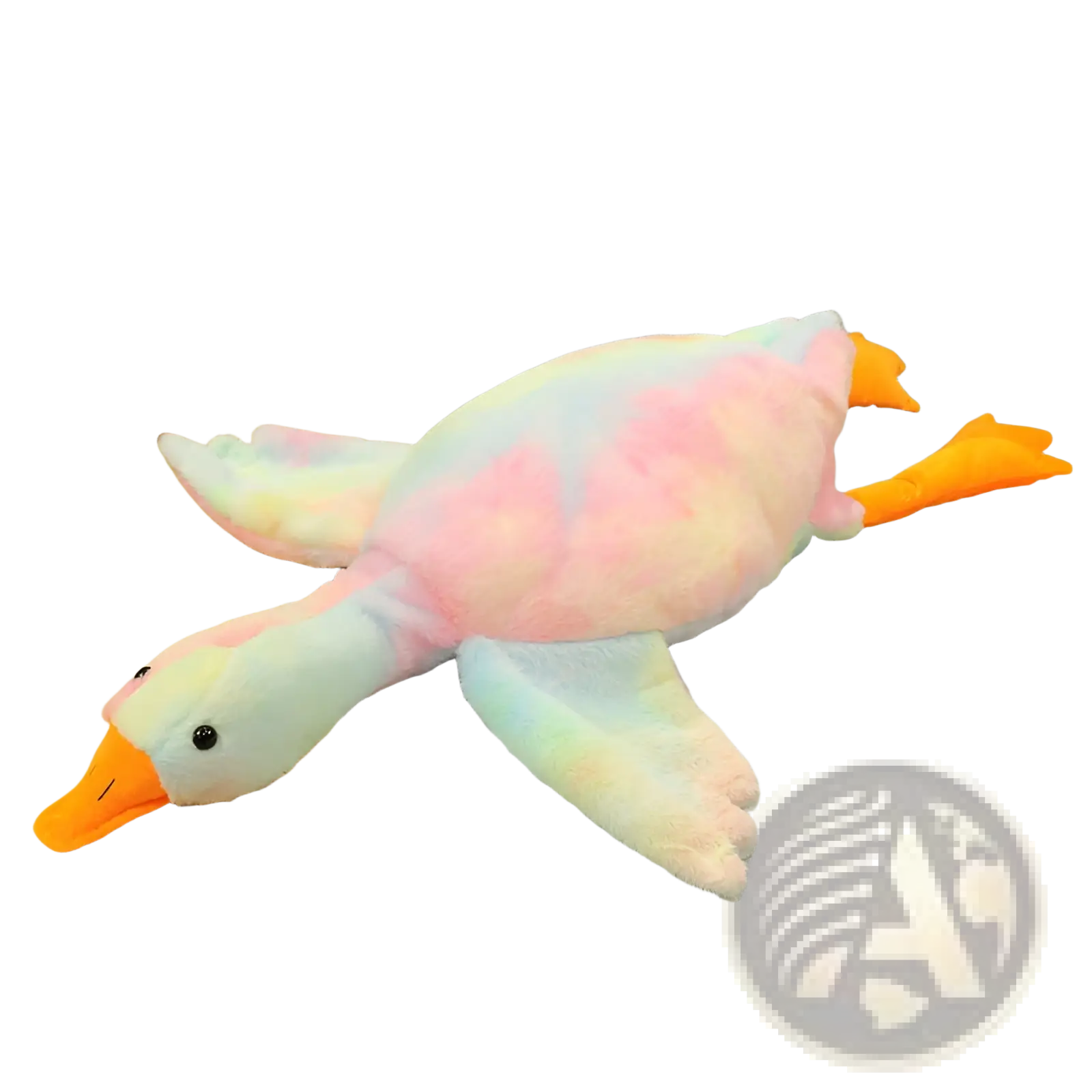 Giant white goose plush sleeping pillow toy with pastel rainbow colors and orange beak and feet made of soft material