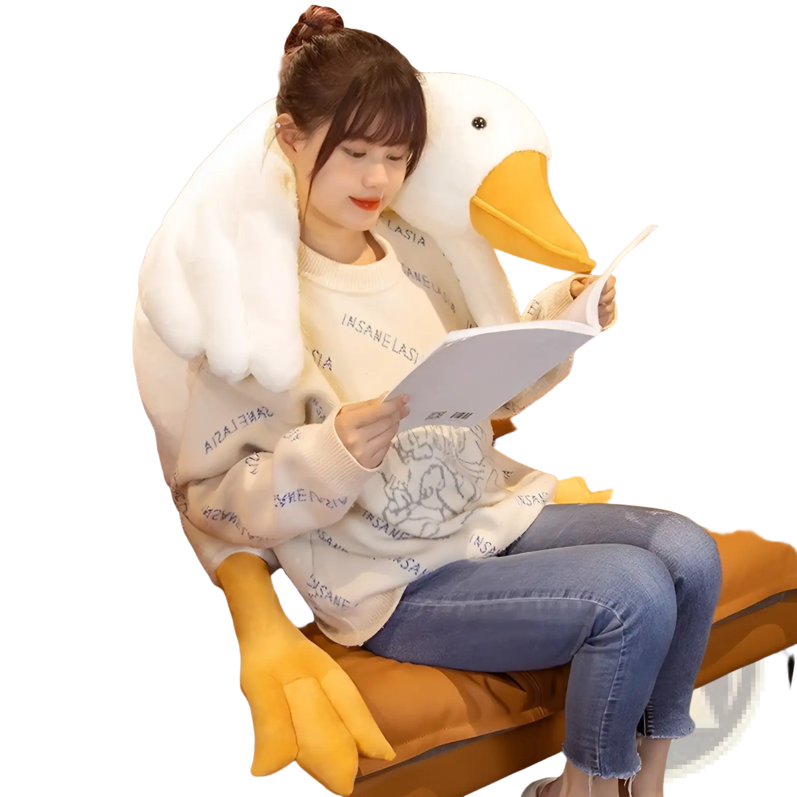 Giant white goose plush sleeping pillow toy featuring a cozy white duck design with yellow beak and webbed feet
