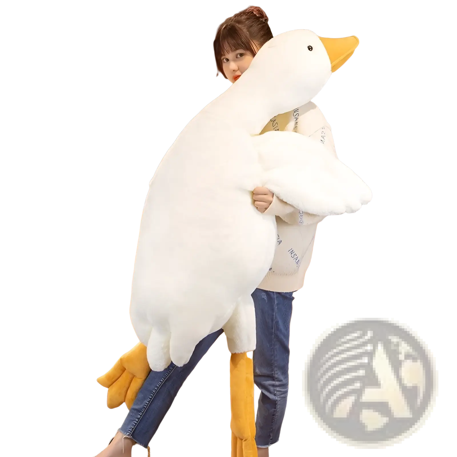 A plush white goose sleeping pillow toy with yellow beak and feet designed as a soft stuffed animal
