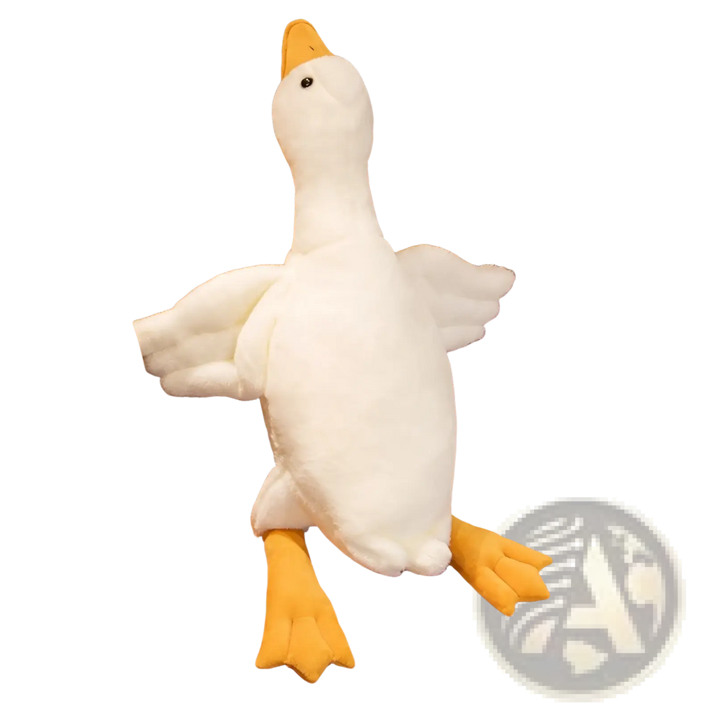 A giant white goose plush sleeping pillow toy with yellow beak and feet sitting on an orange couch