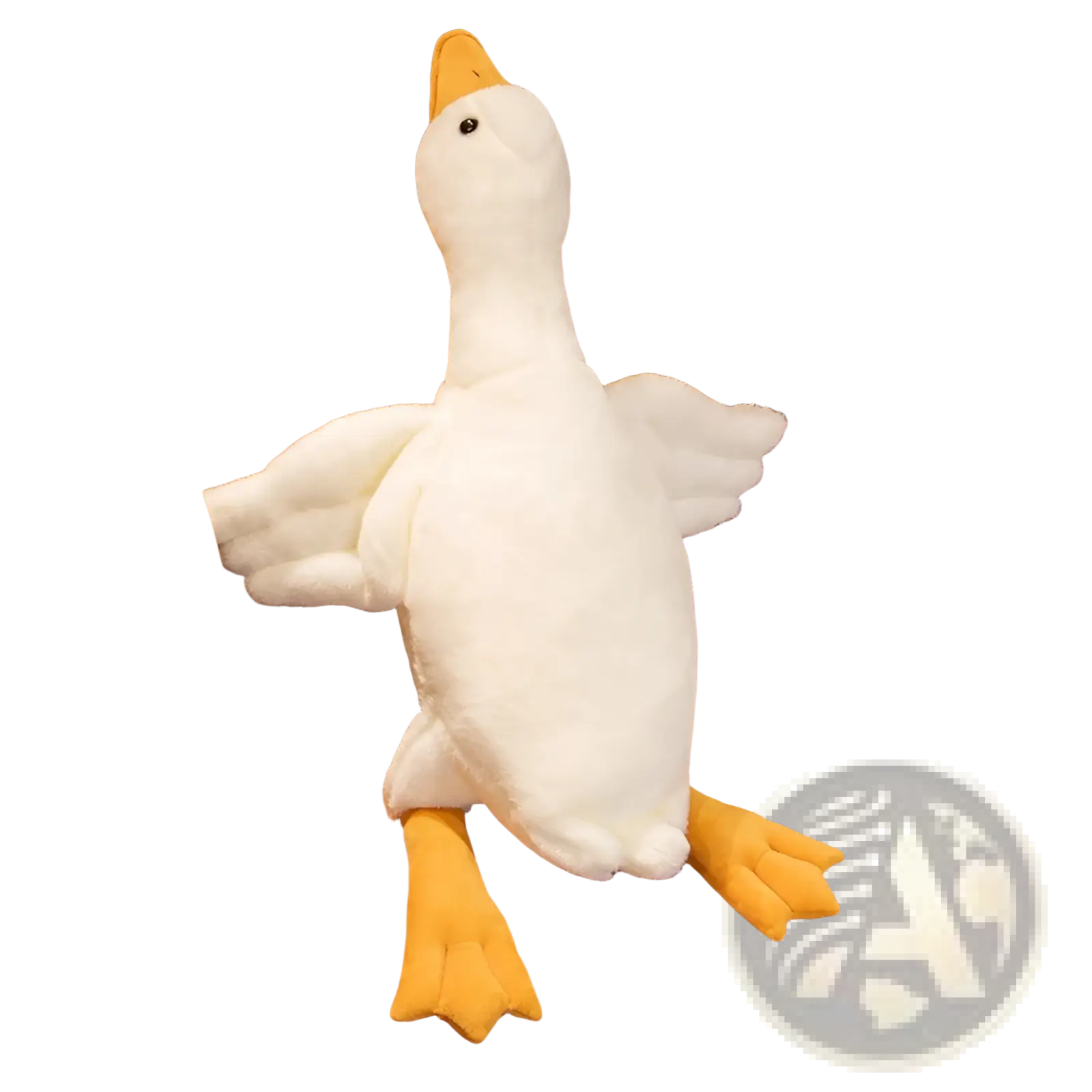 A giant white goose plush sleeping pillow toy with yellow beak and feet sitting on an orange couch