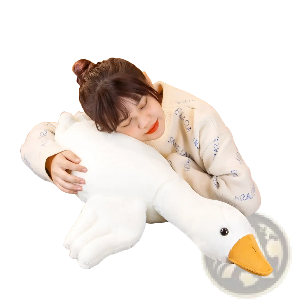 Giant white goose plush sleeping pillow toy made of soft fabric with a yellow beak and black eyes