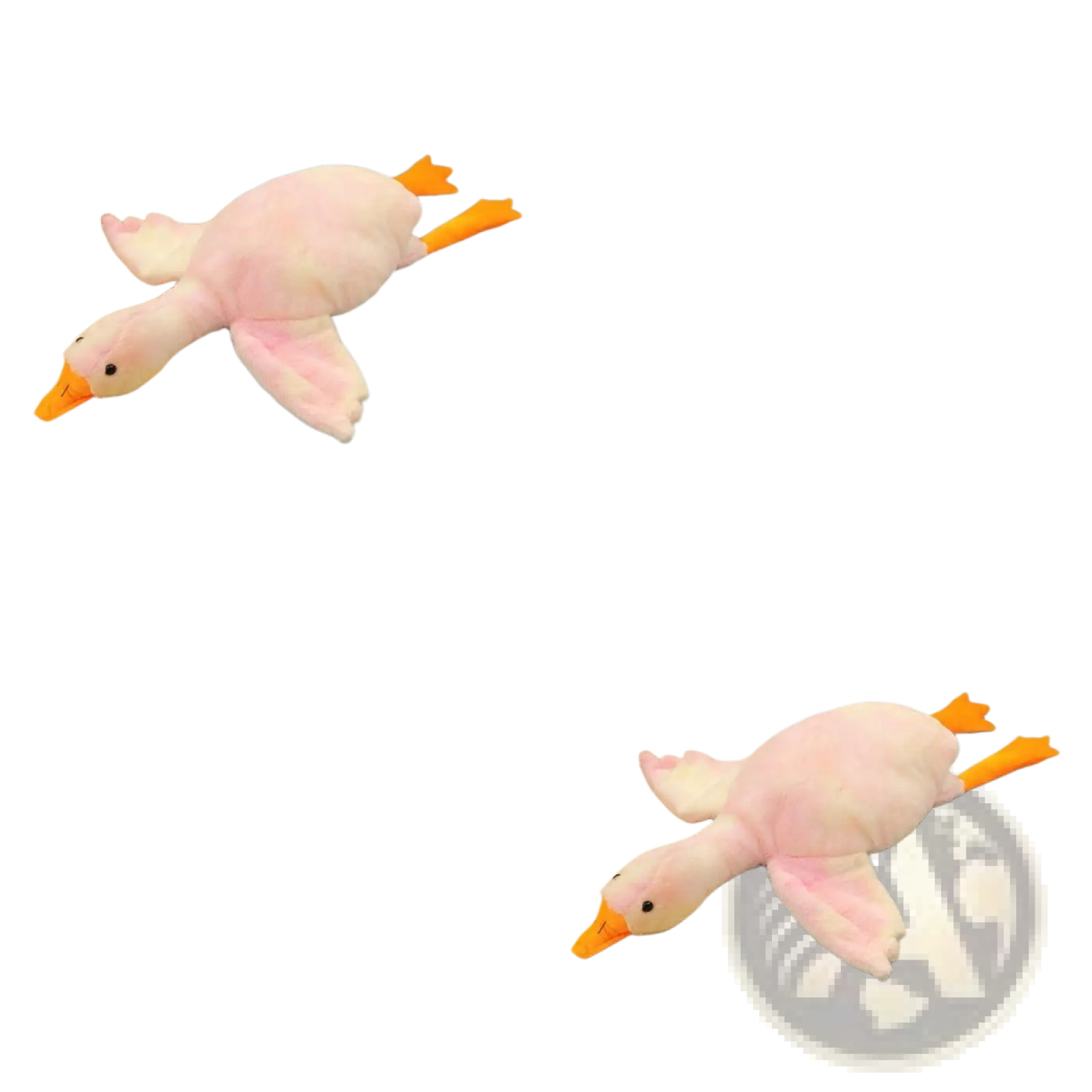 A plush pink goose with orange beak and feet lying on its side as a giant white goose plush sleeping pillow toy