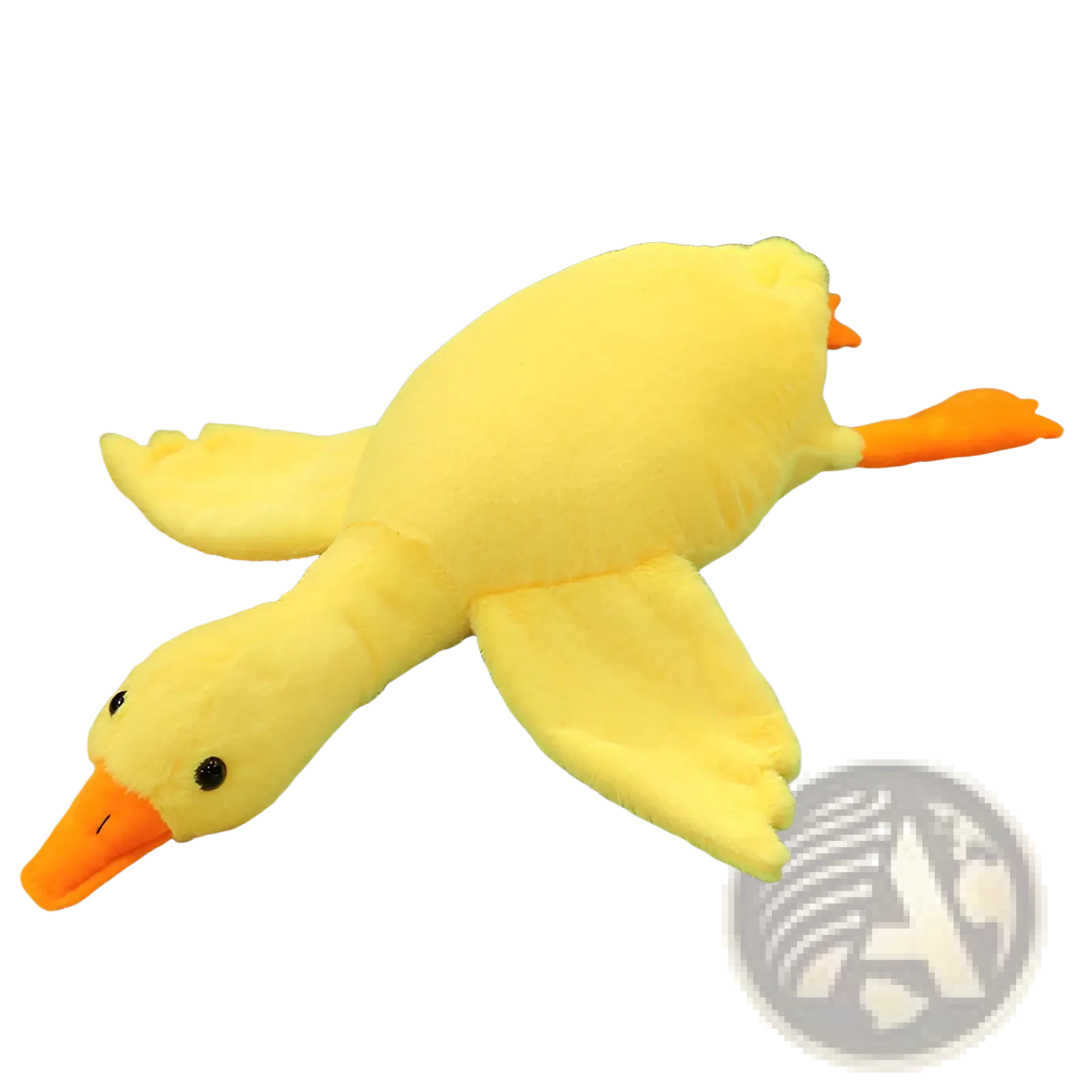 A plush yellow duck with orange beak and feet made of soft fabric as a giant white goose plush sleeping pillow toy alternative