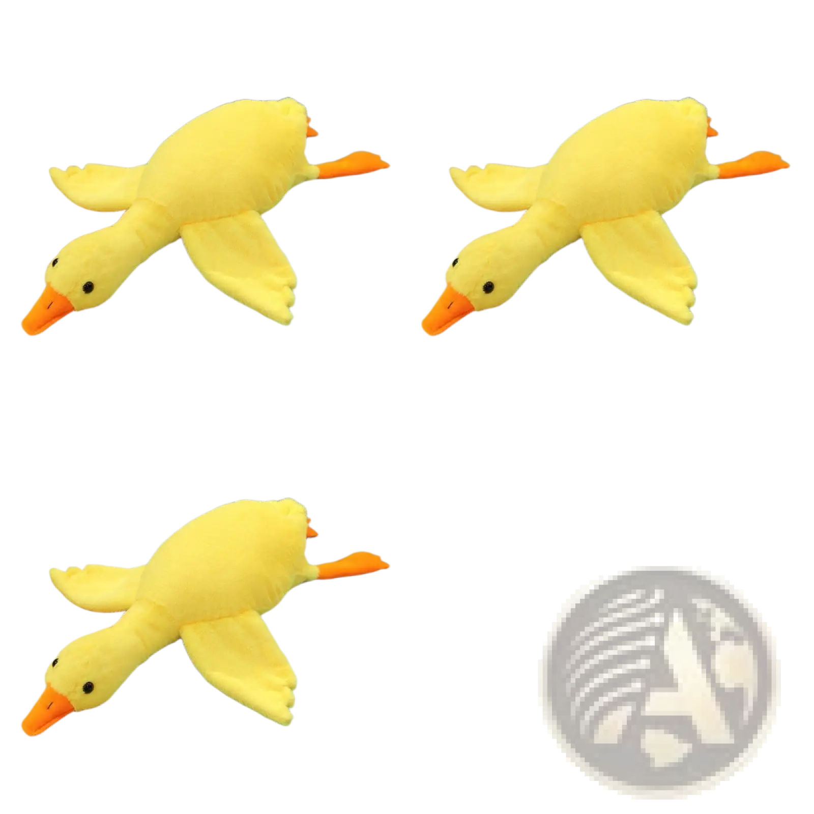 A plush yellow duck with orange beak and feet made of soft fabric featured alongside a giant white goose plush sleeping pillow toy