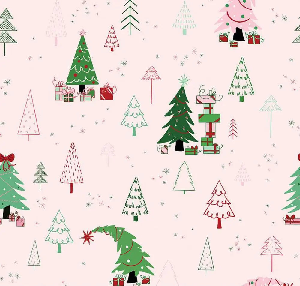 Festive pink holiday gifts cotton skater skirt featuring stylized christmas trees wrapped gifts and snowflakes pattern