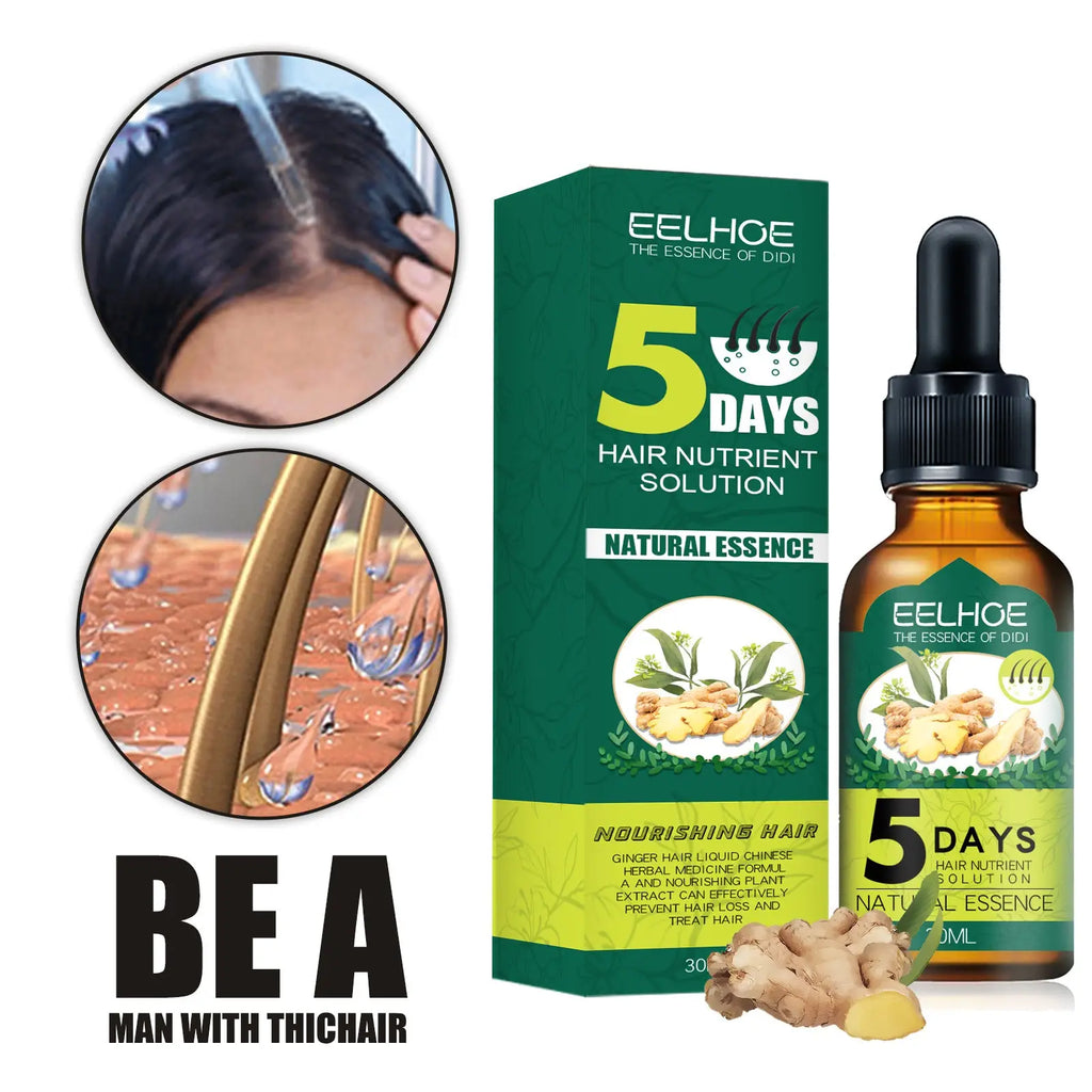 Green and yellow box with amber glass bottle containing eelhoe ginger hair essential oil 5 days nutrient solution