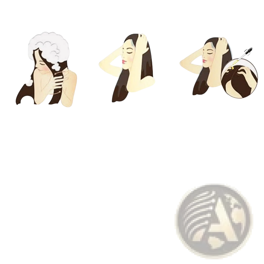 The illustrated ginger hair essential oil shows a three-step foam application on dark brown hair for nutrient solution