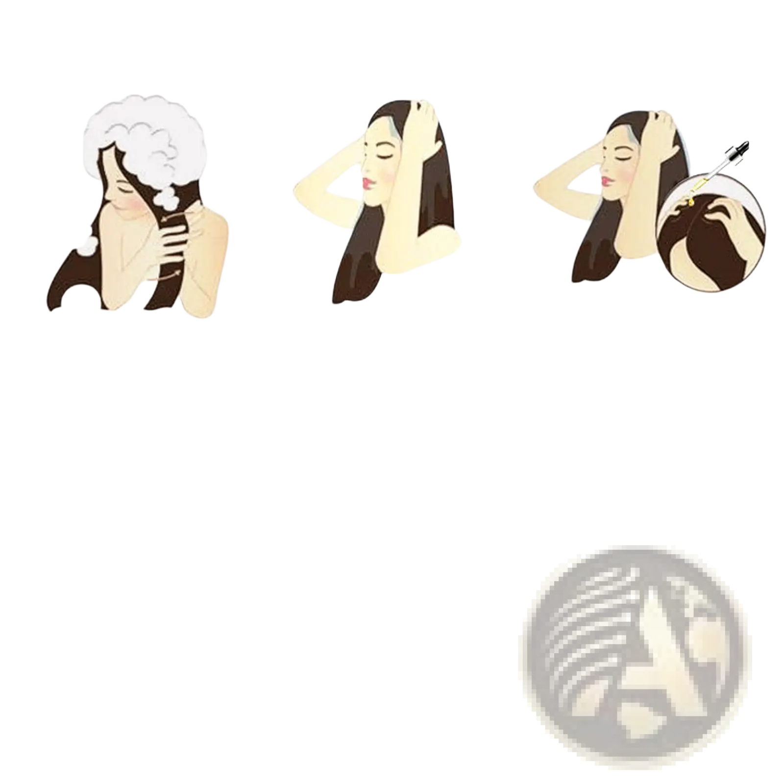 The illustrated ginger hair essential oil shows a three-step foam application on dark brown hair for nutrient solution