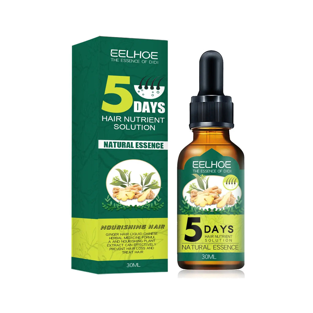 Eelhoe ginger hair essential oil nutrient solution in amber glass bottle with black dropper and green yellow box