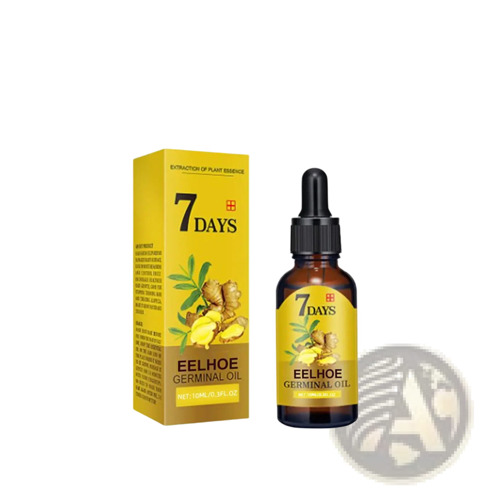 Yellow cardboard box and amber glass bottle with black dropper labeled 7 days eelhoe ginger hair growth oil serum
