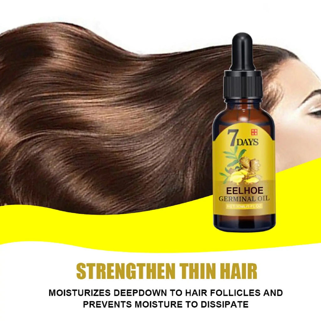 A amber glass bottle with black dropper cap and yellow label of 7 days eelhoe germinal oil for strengthening thin hair