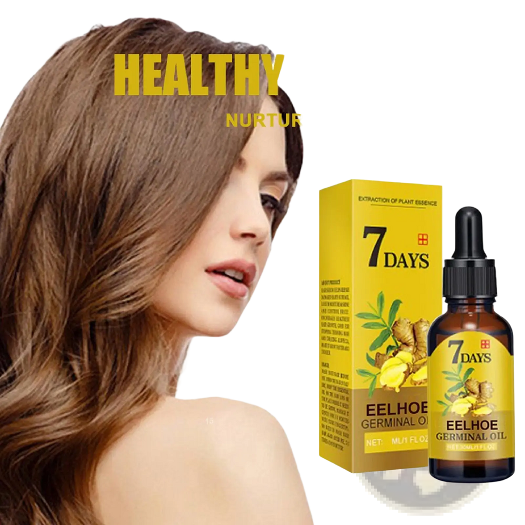 A yellow box and amber glass bottle with black dropper labeled ginger hair growth oil 7 days anti hair loss serum