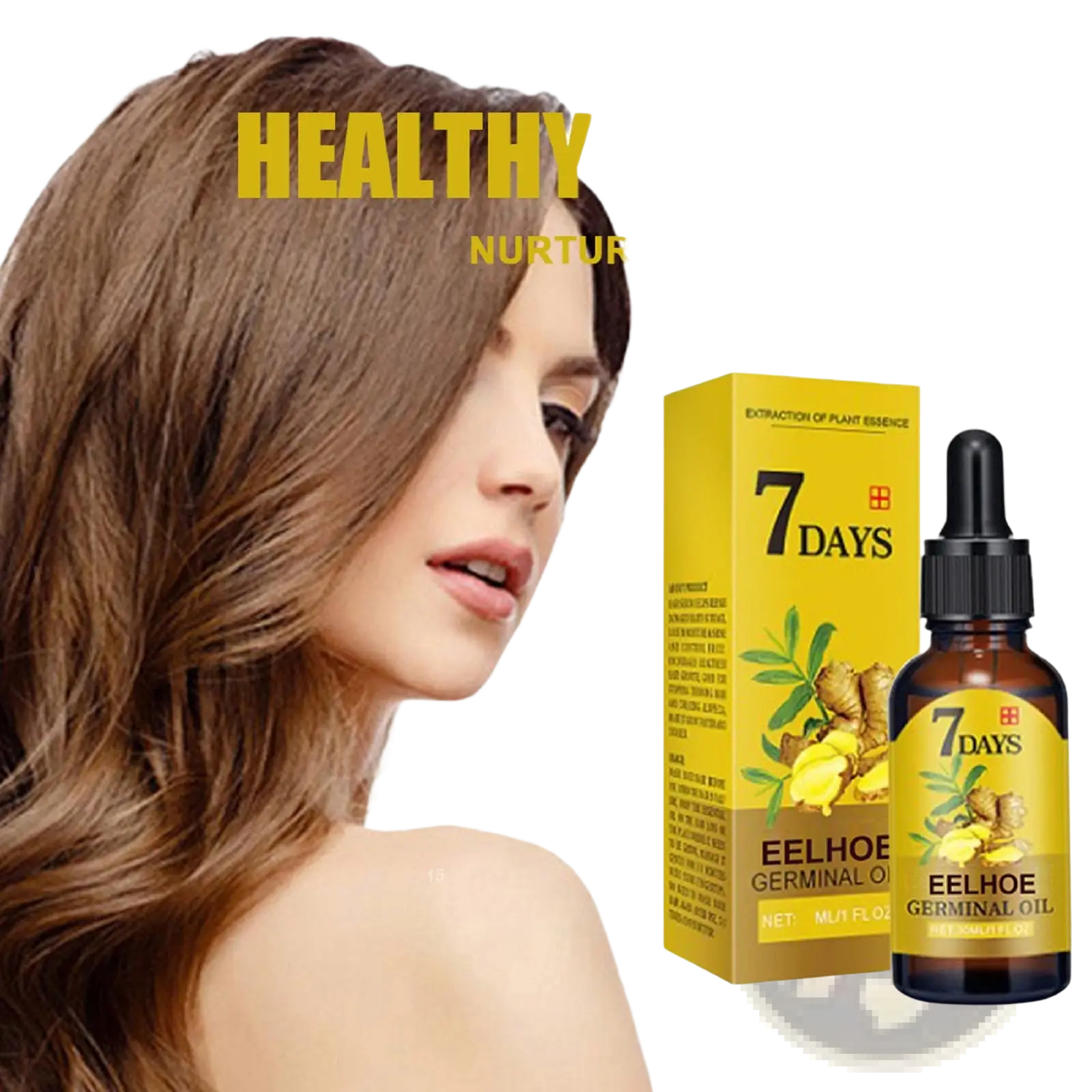 A yellow box and amber glass bottle with black dropper labeled ginger hair growth oil 7 days anti hair loss serum