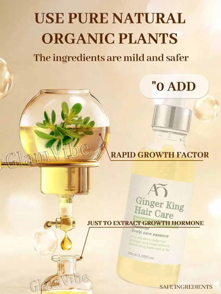A clear glass bottle of ginger king hair care ginger hair growth oil scalp care serum with silver cap and pale yellow liquid
