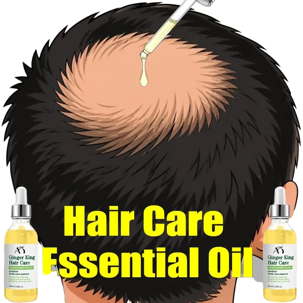 A clear glass bottle with silver dropper cap containing golden-yellow ginger king hair growth oil scalp care serum