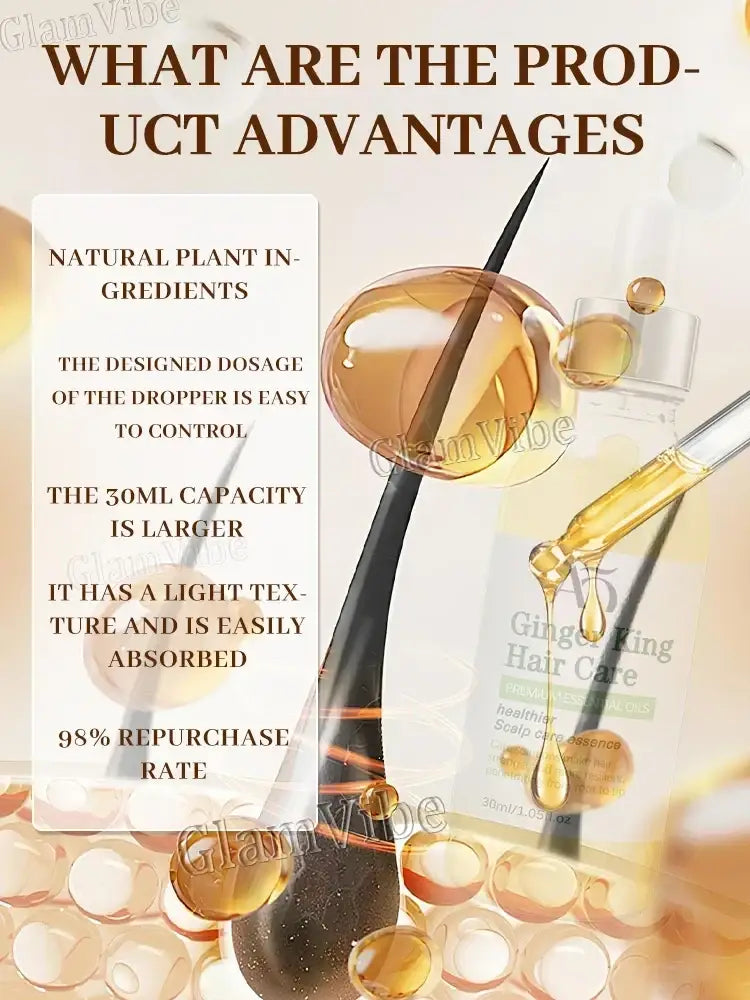 Ginger hair growth oil scalp care serum in a sleek transparent bottle with black and gold accents for hair care
