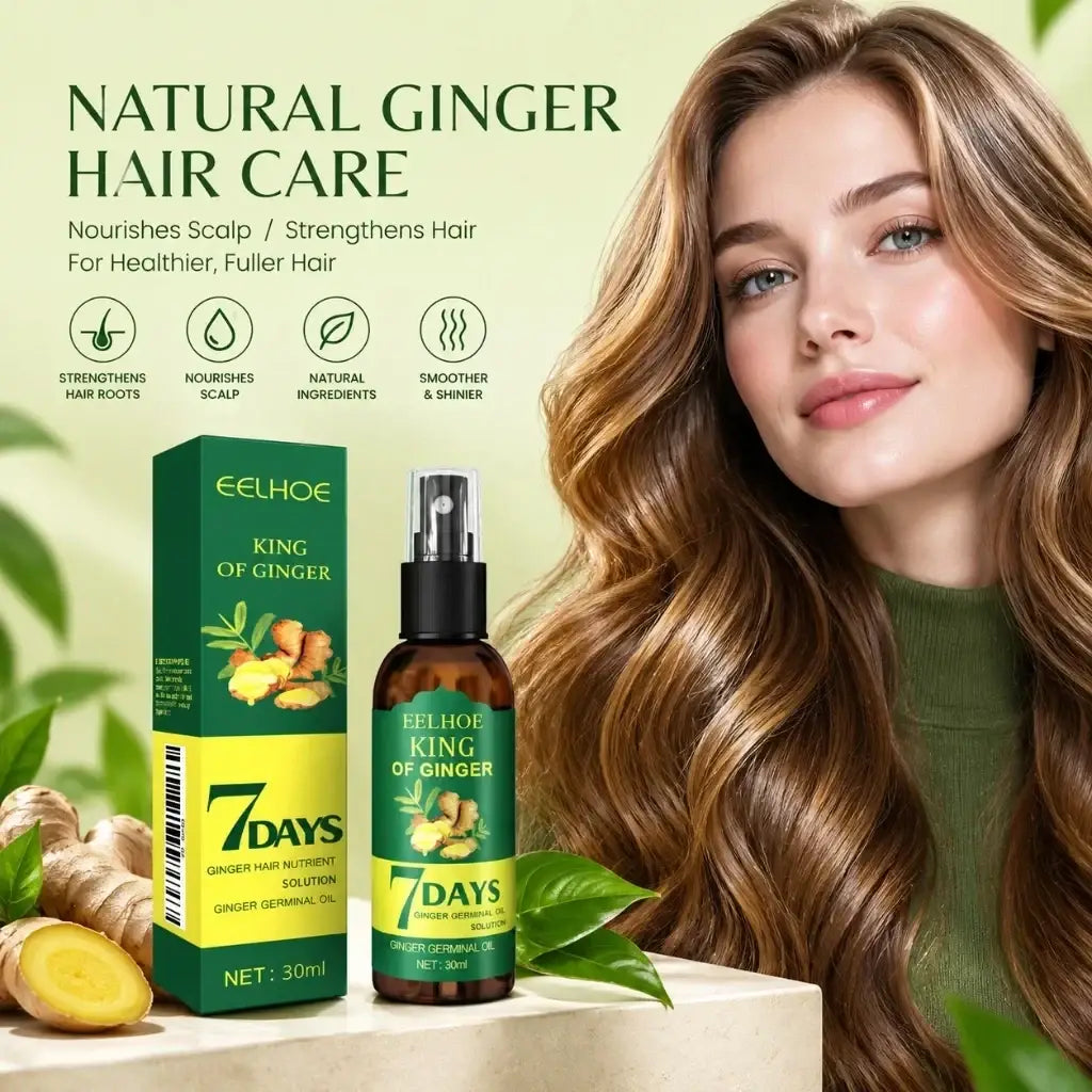 Eelhoe king of ginger 7 days nutrient spray in brown glass bottle with green yellow label to strengthen hair roots