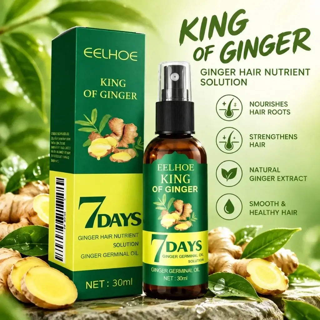Green and yellow king of ginger hair spray box with amber bottle to strengthen hair roots and hair strength