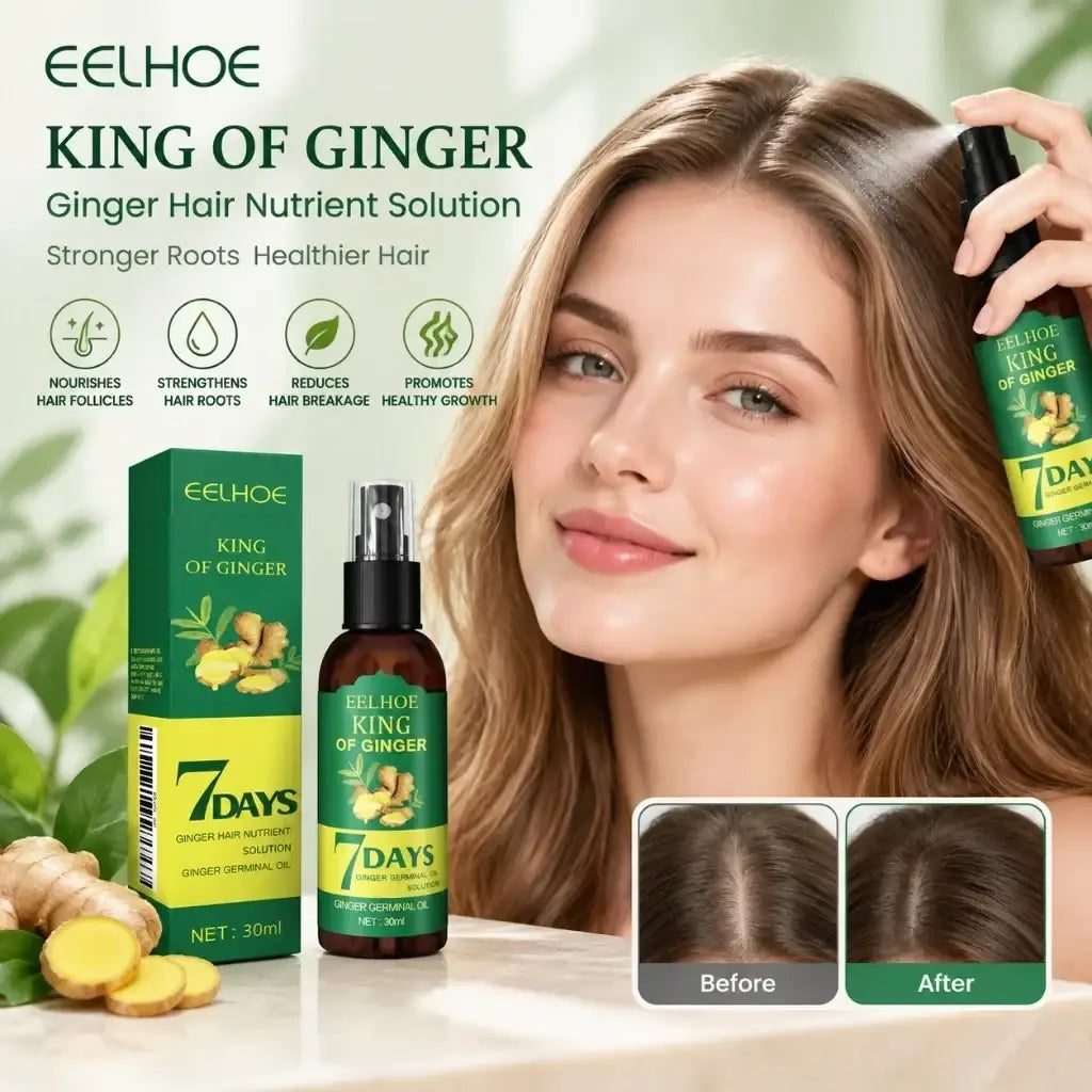 Green and yellow labeled bottle of eelhoe king of ginger hair spray with black spray nozzle to strengthen hair roots