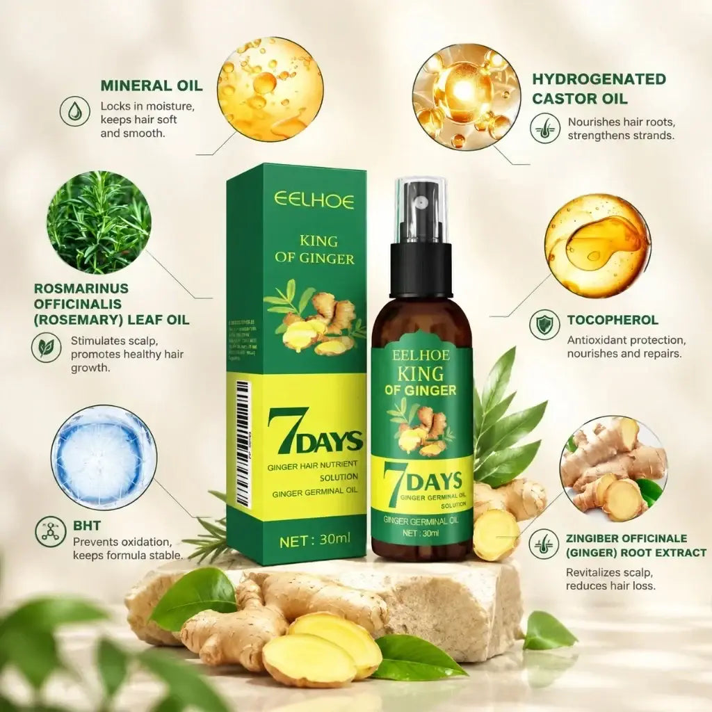 Green and yellow packaged eelhoe king of ginger hair spray bottle with black pump nozzle to strengthen hair roots