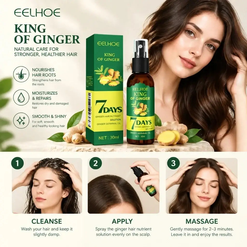 A sleek amber glass ginger hair spray bottle with black pump to strengthen hair roots by eelhoe king of ginger