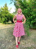 Red gingham 1950s vintage cotton midi swing dress with fitted bodice flared skirt and matching belt in red and white
