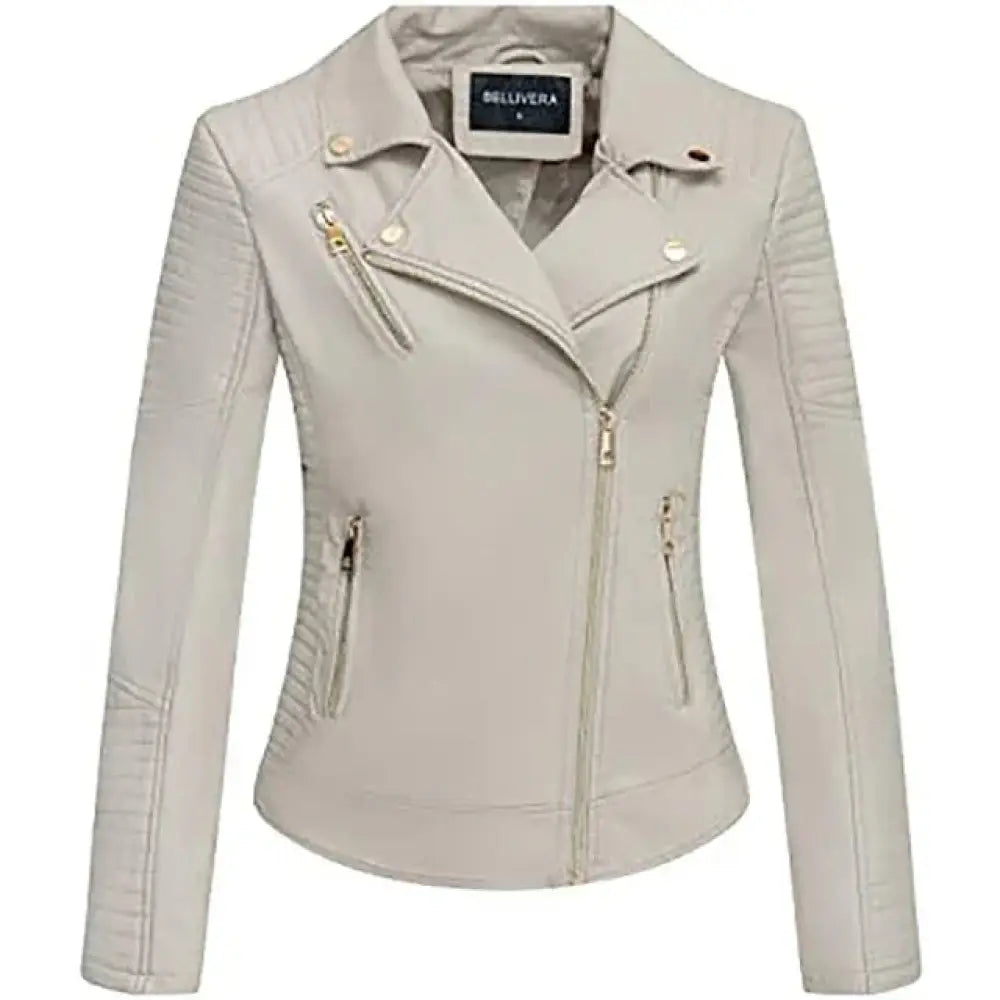 Beige embroidered floral faux leather biker jacket with gold-tone zippers and snap buttons front view