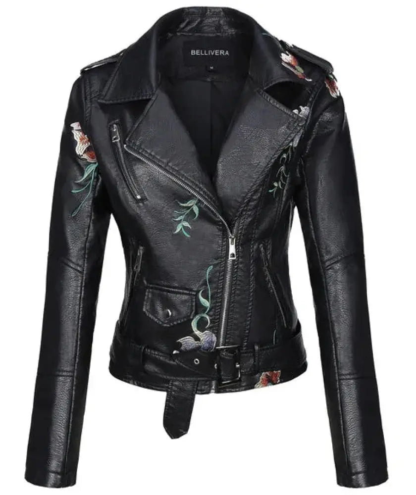 Black faux leather moto jacket featuring green red and white floral embroidery on the back side