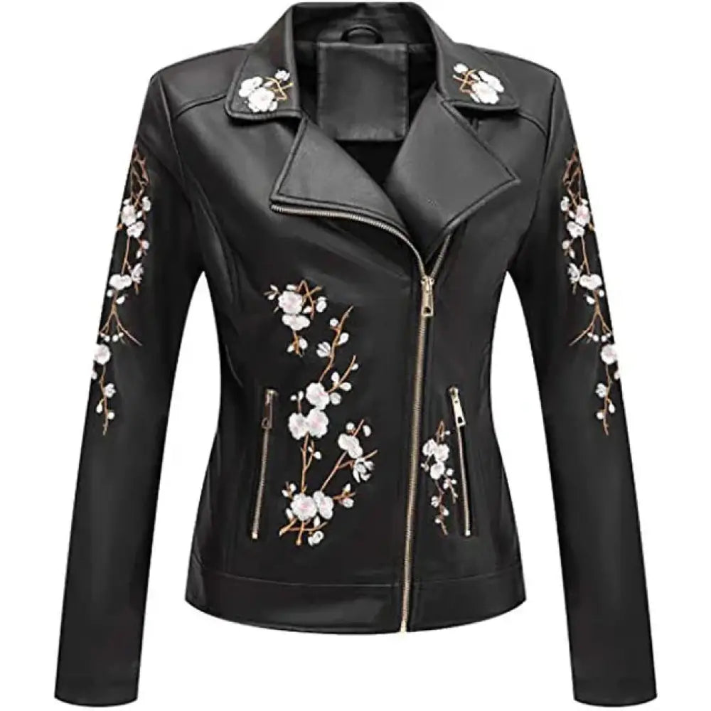 Black faux leather biker jacket with delicate white floral embroidery on sleeves and front for stylish wear