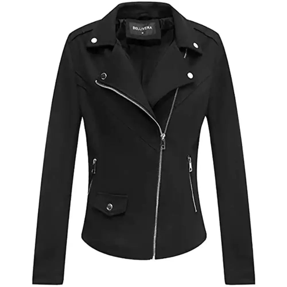 Black bellevra women’s embroidered floral faux leather biker jacket with silver zippers and snap buttons front view