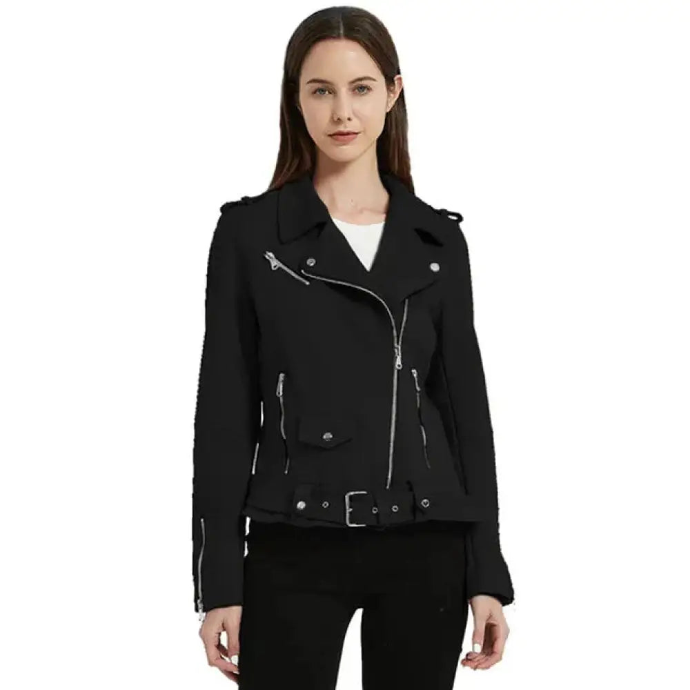 Black embroidered floral faux leather biker jacket with silver zippers and snap buttons