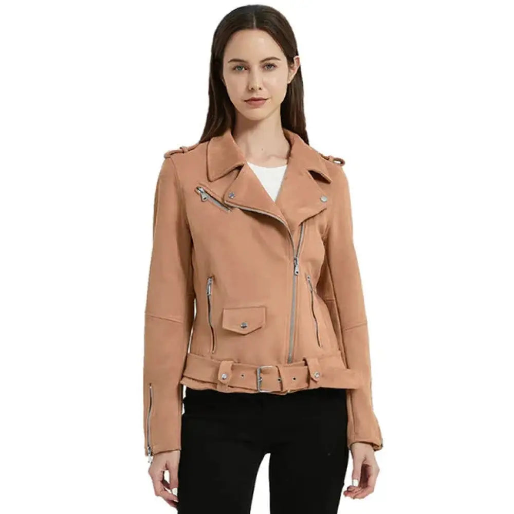 Tan faux leather biker jacket with embroidered floral details silver zippers and matching belt front view