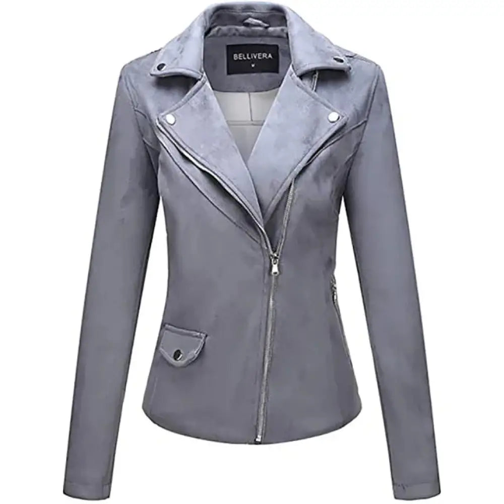 Gray suede moto jacket with silver zippers and button details in embroidered floral faux leather biker style