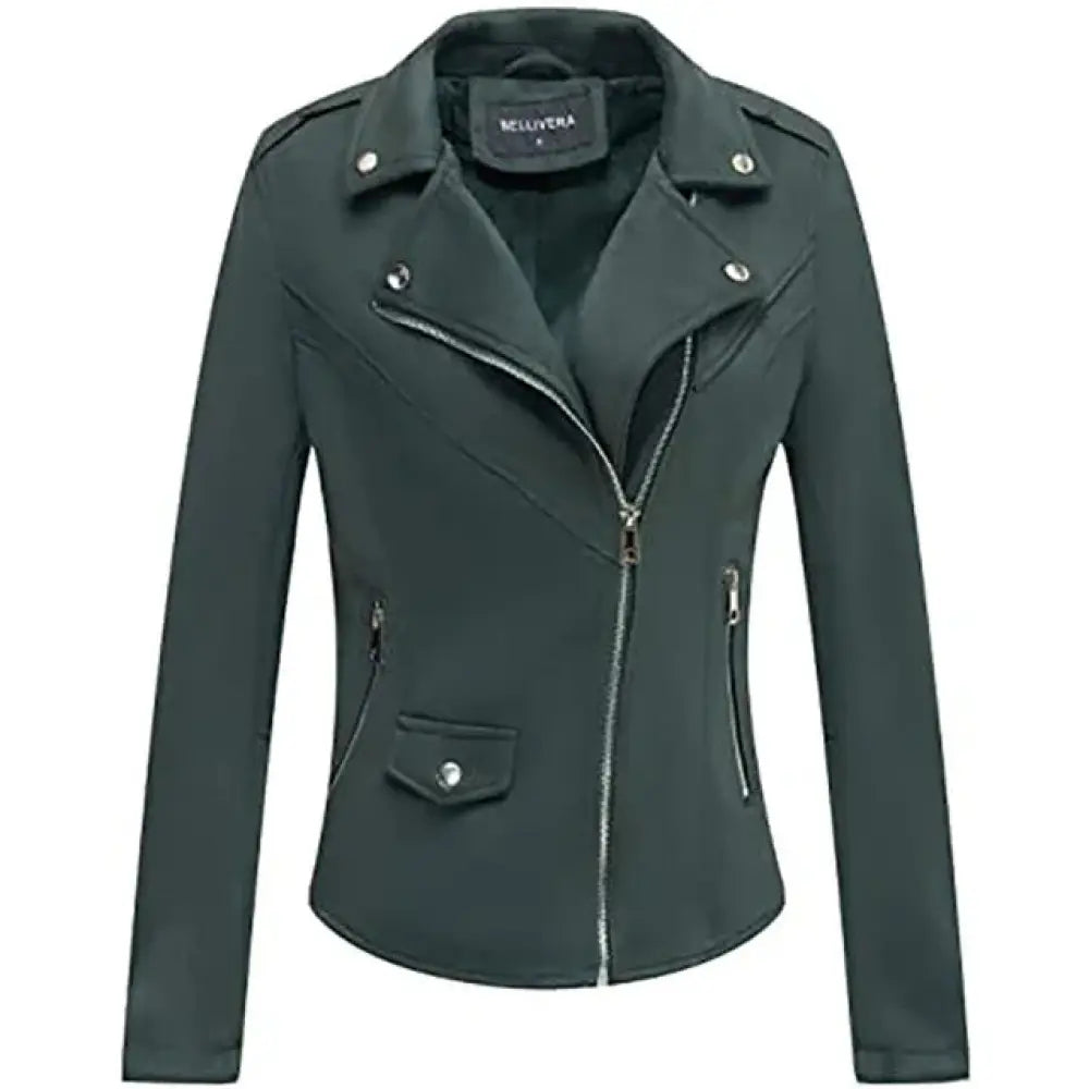 Dark green faux leather biker jacket with embroidered floral design silver zippers and snap buttons