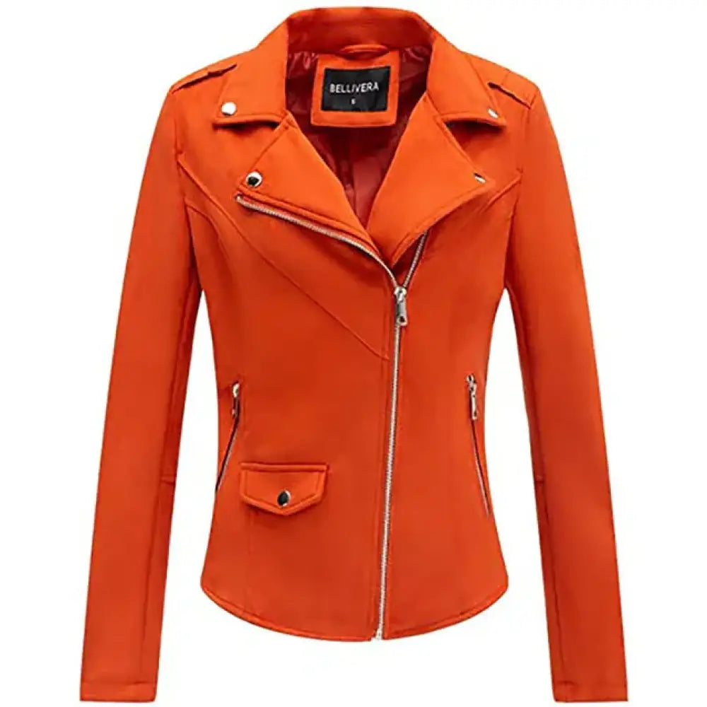 Vibrant orange embroidered floral faux leather biker jacket with silver zippers and snap buttons