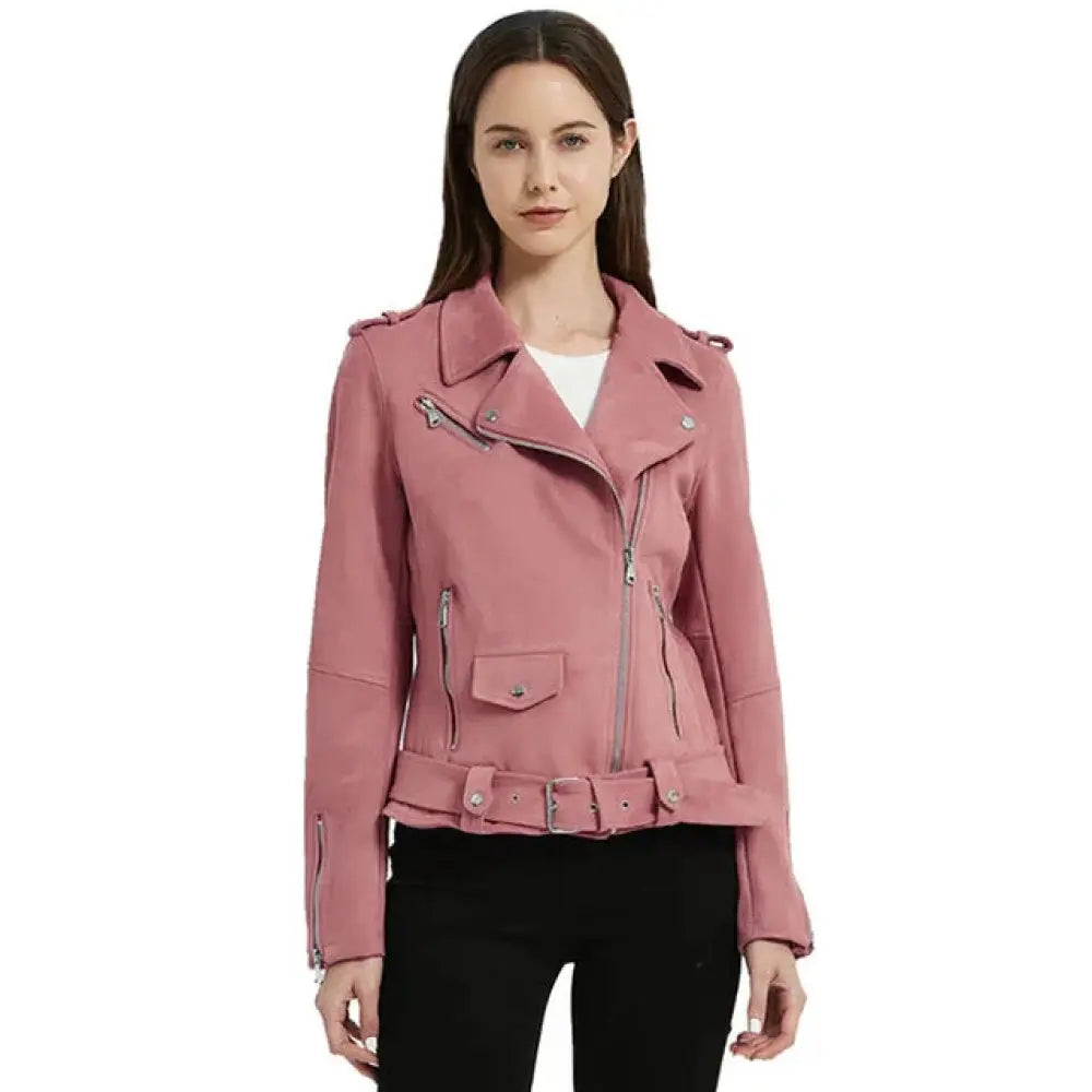 Embroidered floral faux leather pink suede moto jacket with silver zippers and matching belt for biker style