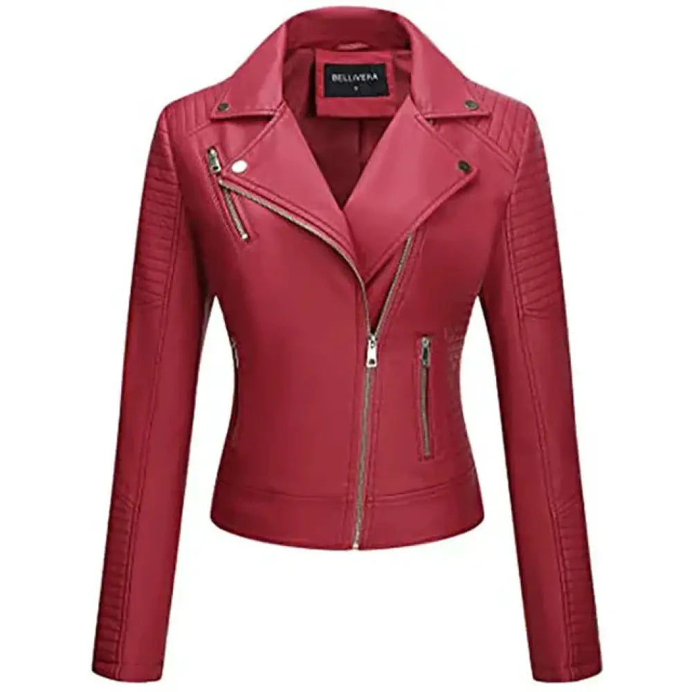 A vibrant red embroidered floral faux leather biker jacket with asymmetrical zipper and ribbed sleeve detailing