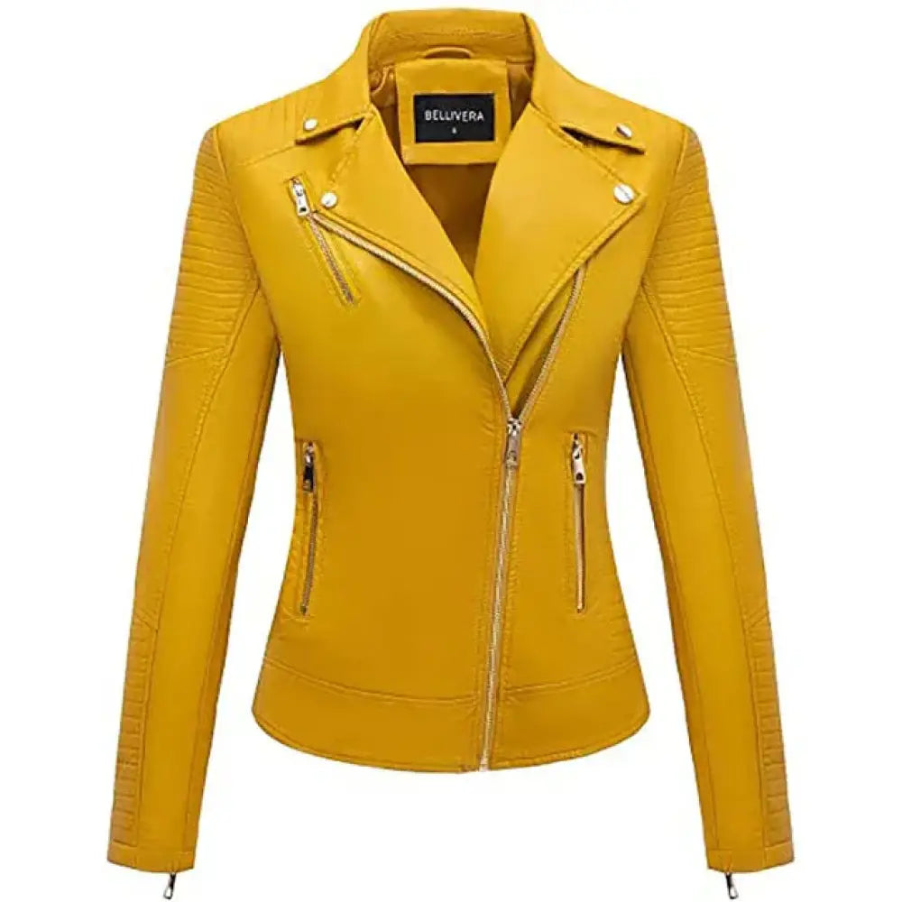 A vibrant yellow embroidered floral faux leather biker jacket with gold zippers and silver-toned snap buttons