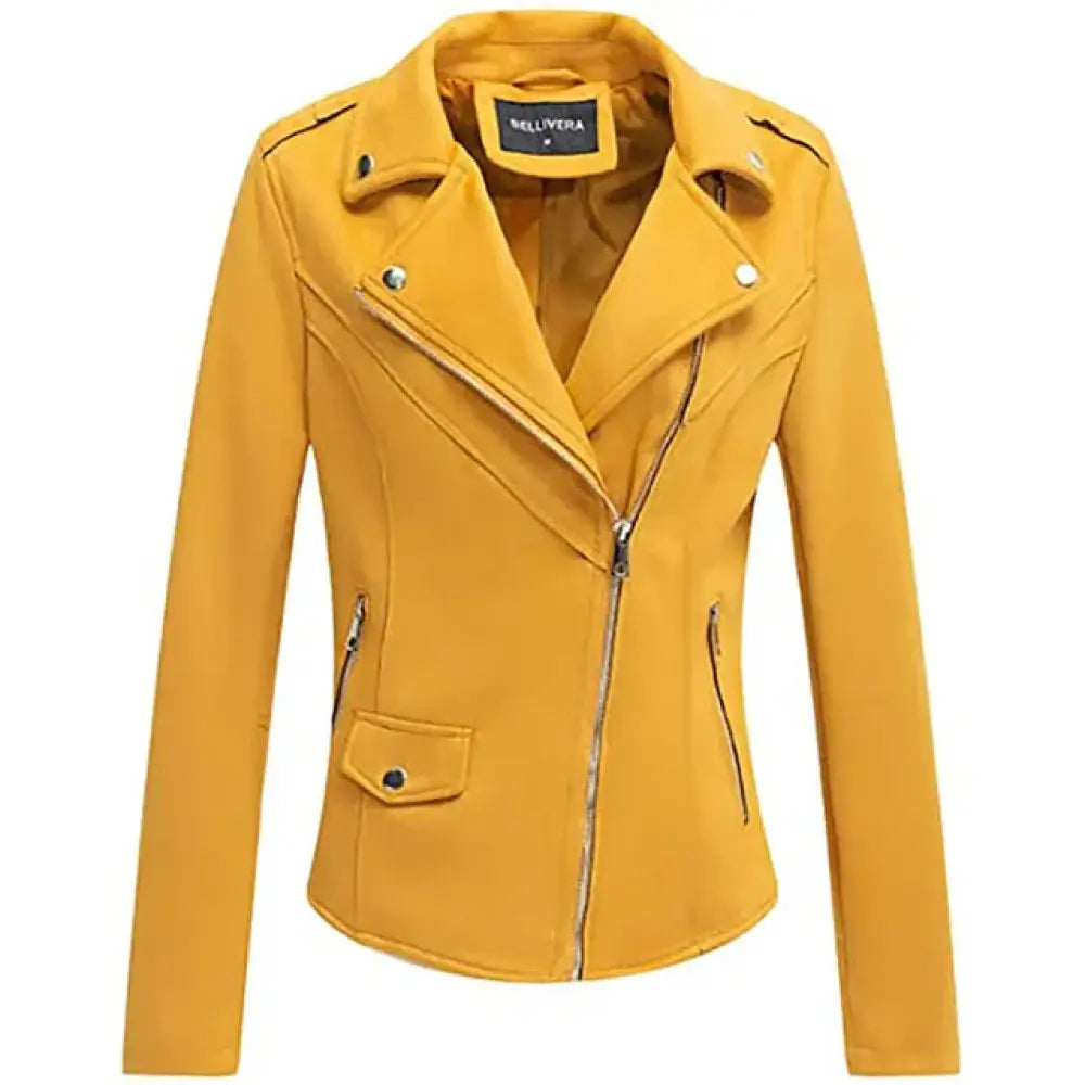 A vibrant yellow faux leather biker jacket with embroidered florals silver zippers and snap buttons