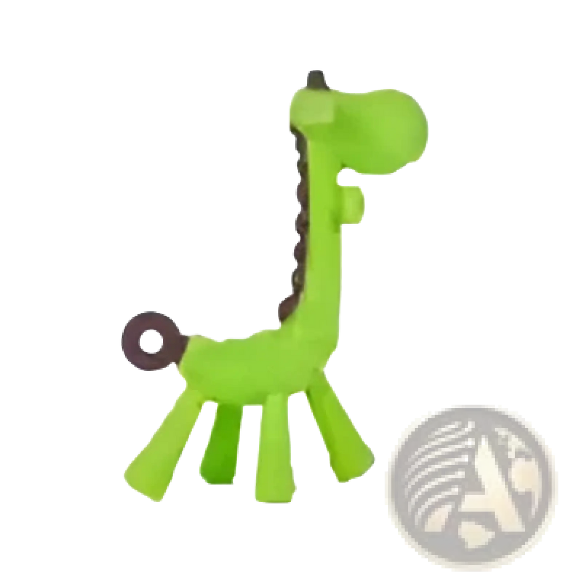 Green silicone giraffe baby teether with black circular details for soothing gums and molars