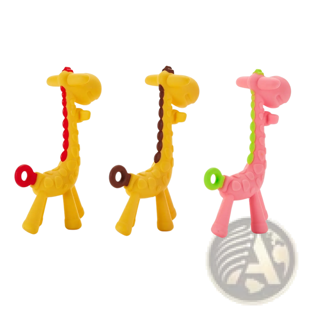 Three silicone giraffe baby teethers in yellow pink and brown with colorful braided necks for gum relief
