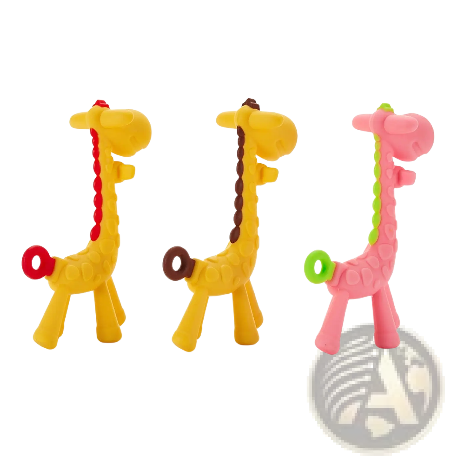 Three silicone giraffe baby teethers in yellow pink and brown with colorful braided necks for gum relief