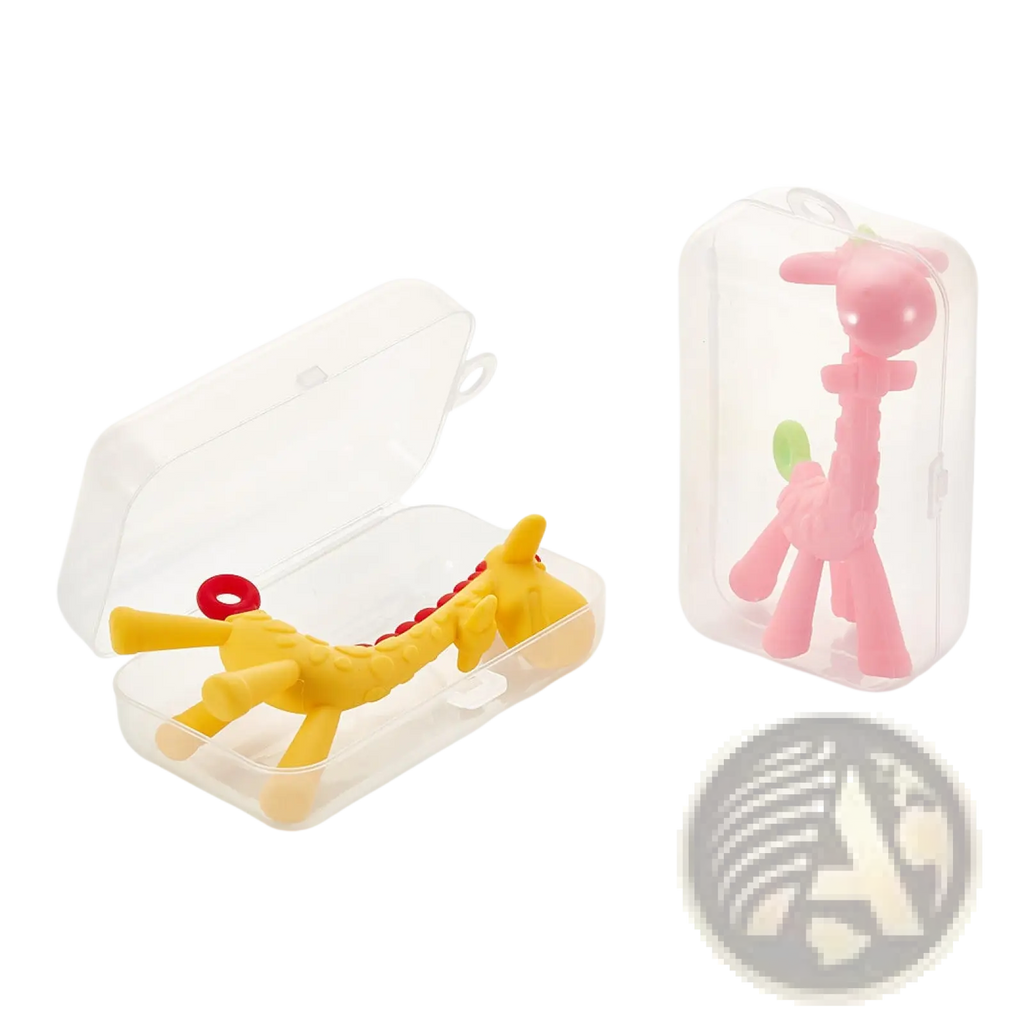 Yellow and pink silicone giraffe baby teether molar toys in clear plastic cases for soothing gums