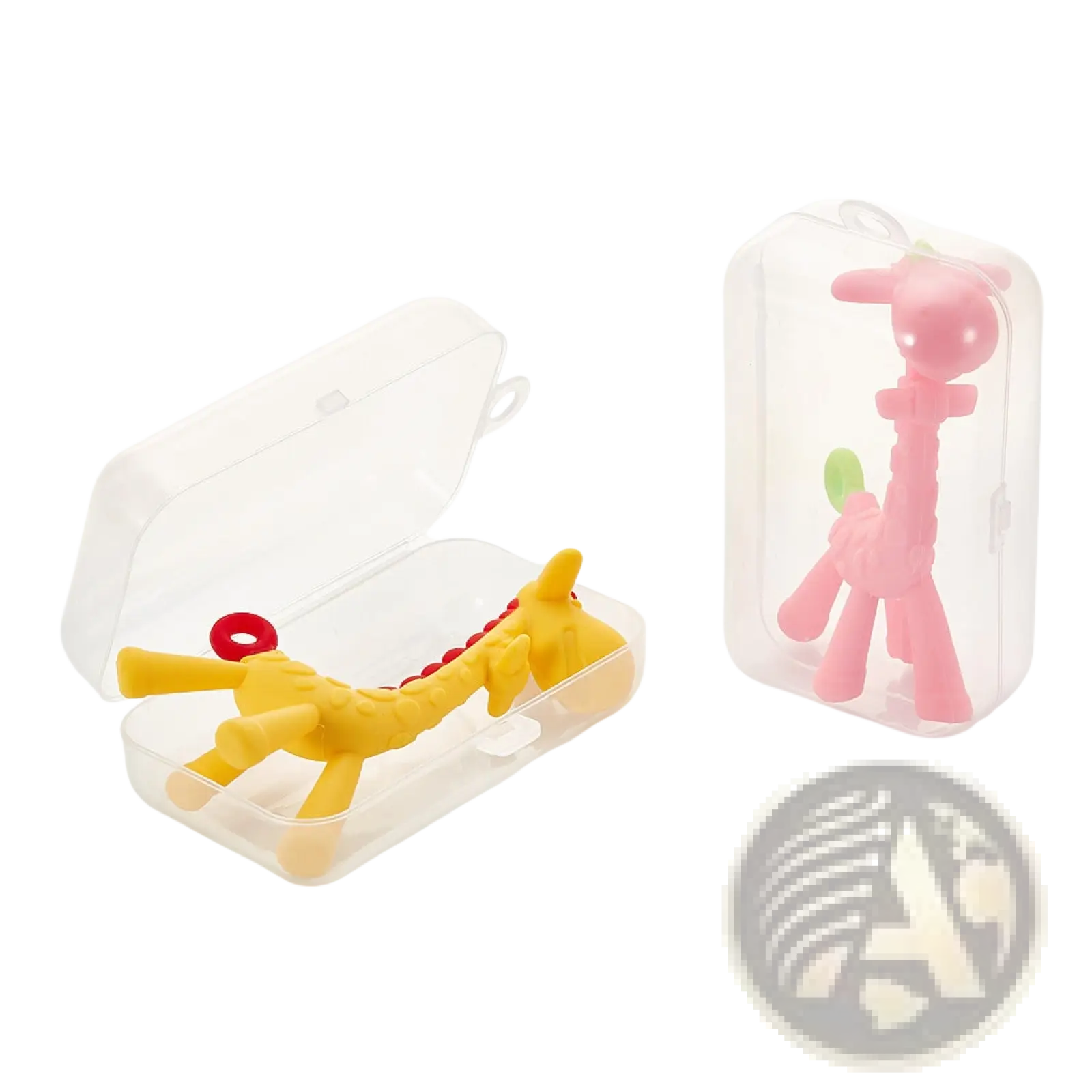 Yellow and pink silicone giraffe baby teether molar toys in clear plastic cases for soothing gums