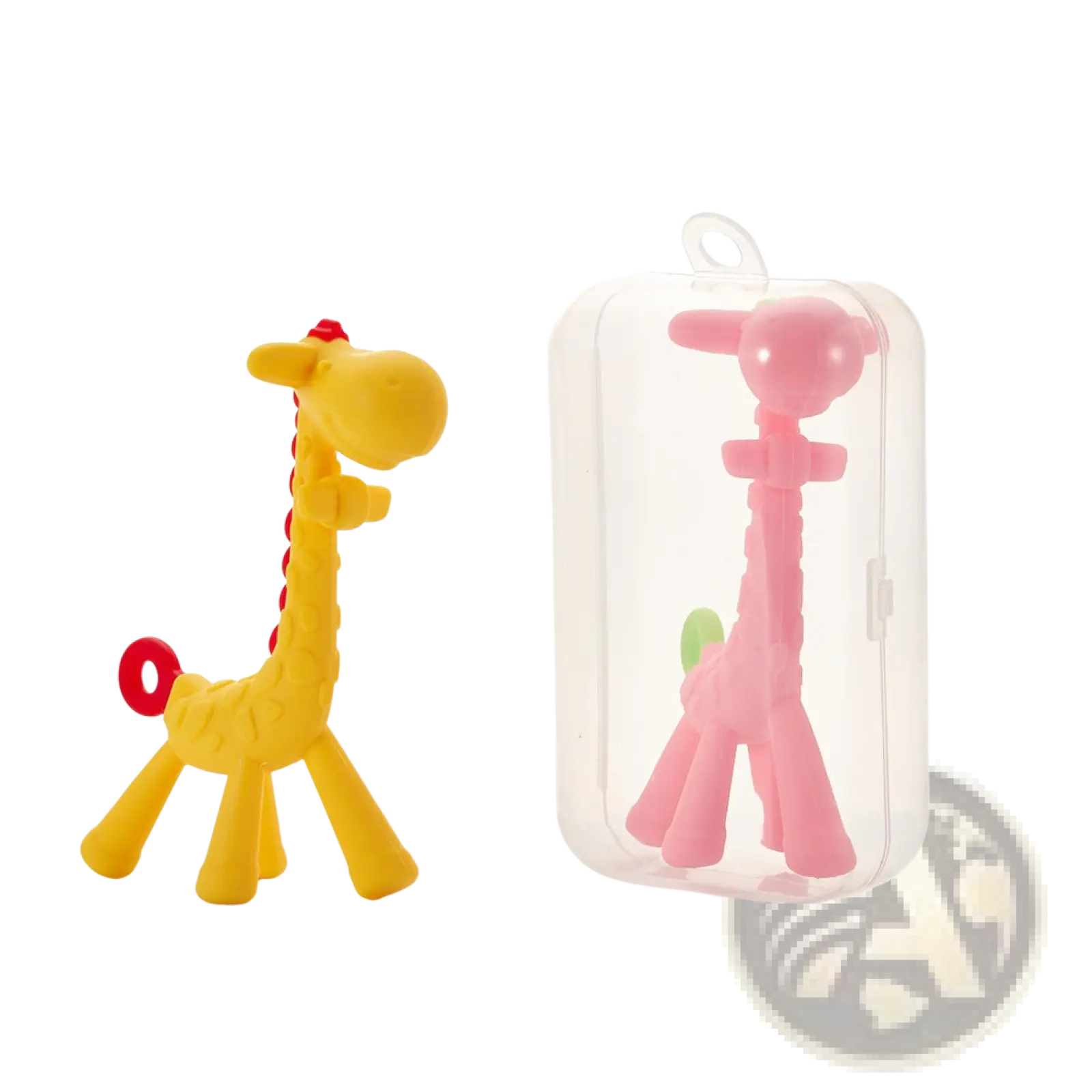 Yellow and pink silicone giraffe baby teether molar toys for gums with one inside a clear plastic case and one outside