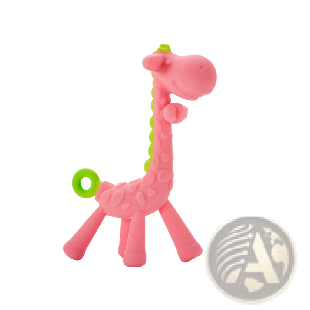 Pink silicone giraffe baby teether with green accents designed as a molar toy for soothing gums